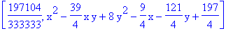 [197104/333333, x^2-39/4*x*y+8*y^2-9/4*x-121/4*y+197/4]